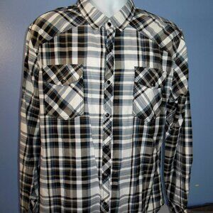 Men Reclaim Standard Black Gray White Plaid Pearl Snap Long Sleeve Shirt XL